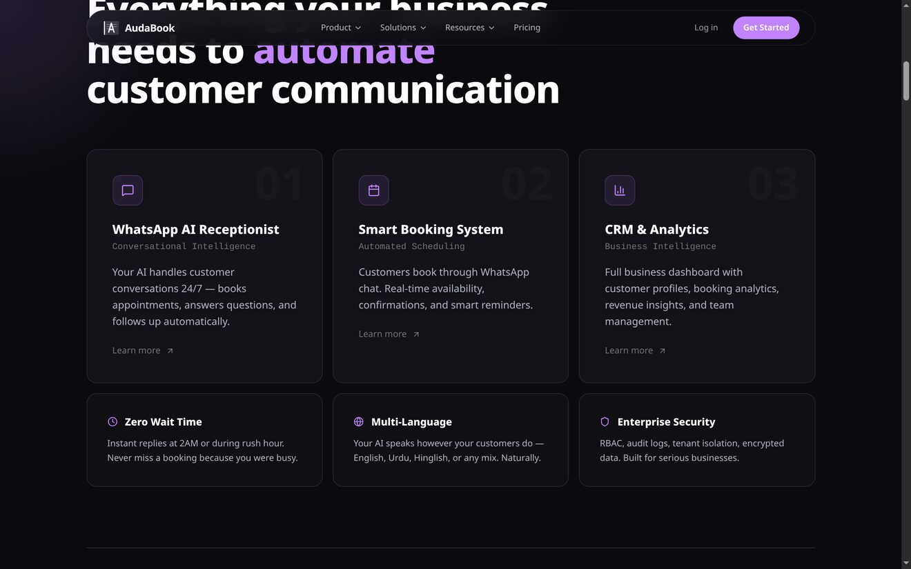 AudaBook AI receptionist, live site