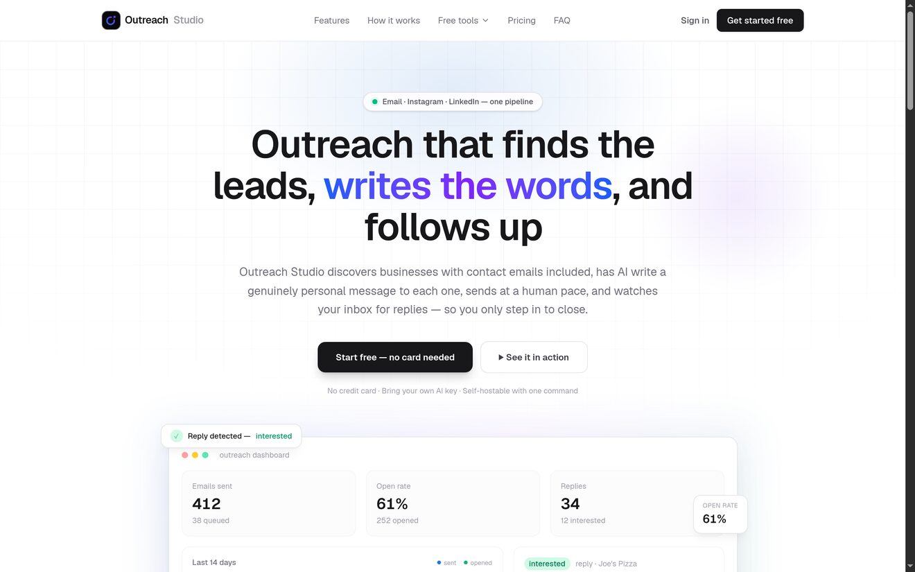 Outreach Studio AI outreach, live site